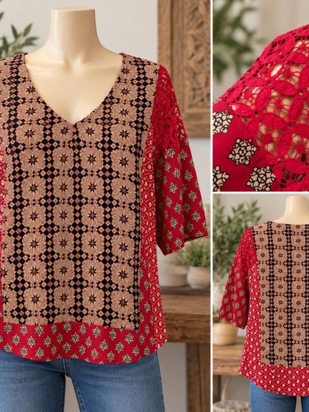 Lucky Brand Boho Blouse S Mixed Print Crochet Lace V-Neck Worn Once